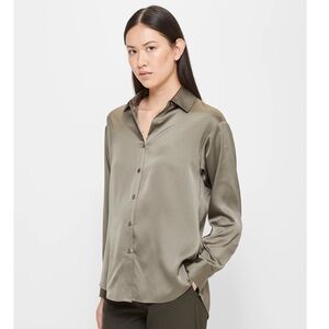 H&M Satin Button-Down Blouse in Muted Olive Green
